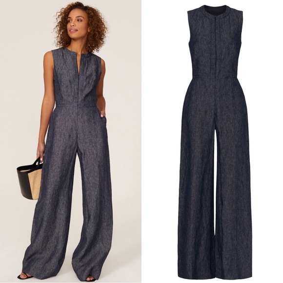 Martin Grant Chambray Linen Wide Leg Jumpsuit Size Blue Sheen
